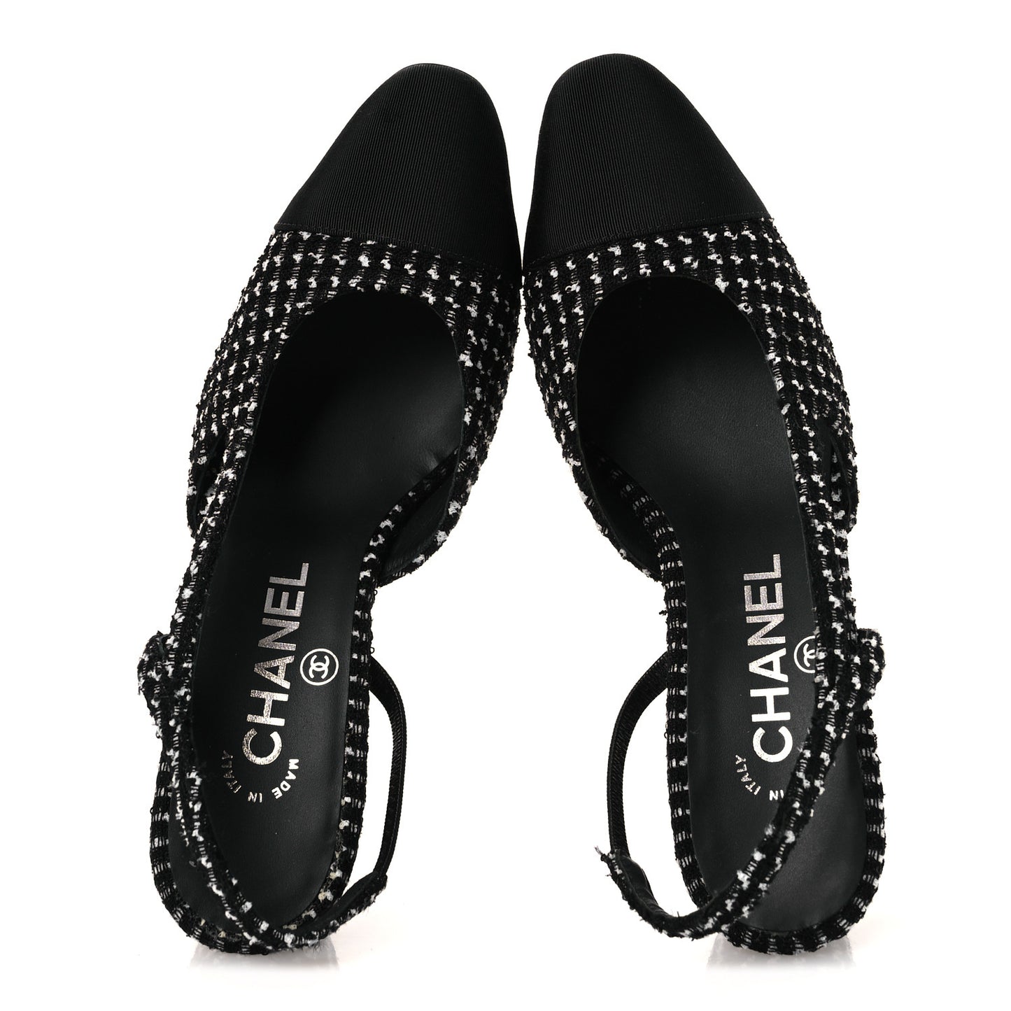 Tweed Grosgrain Cap Toe CC Slingback Pumps 35 Black White