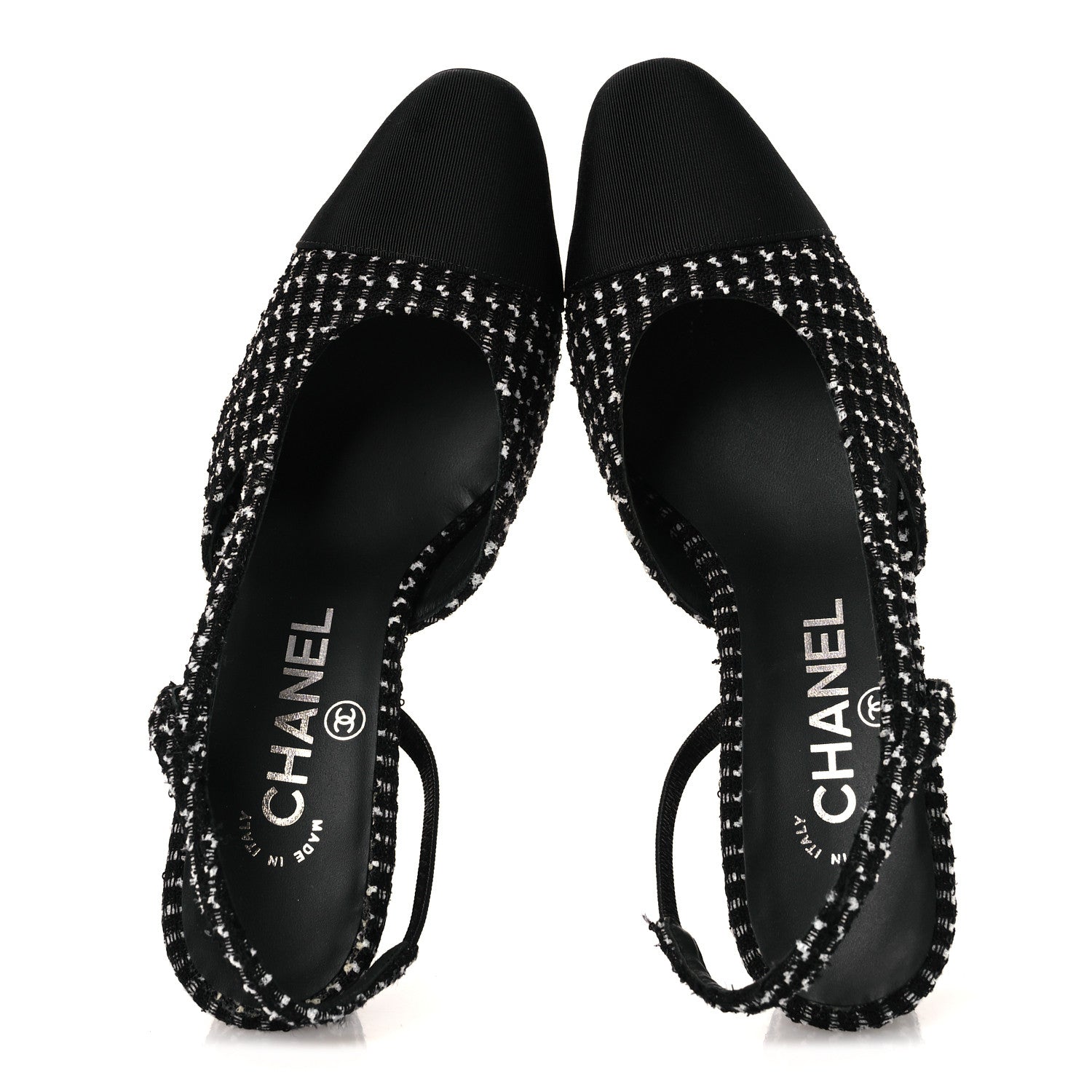 Chanel Tweed Grosgrain Cap Toe CC Slingback Pumps 35 Black White 2 of 12