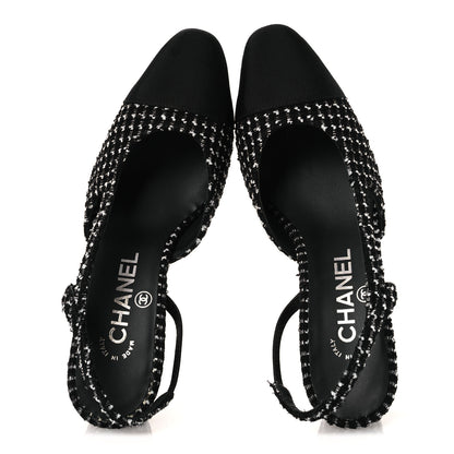 Chanel Tweed Grosgrain Cap Toe CC Slingback Pumps 35 Black White 2 of 12