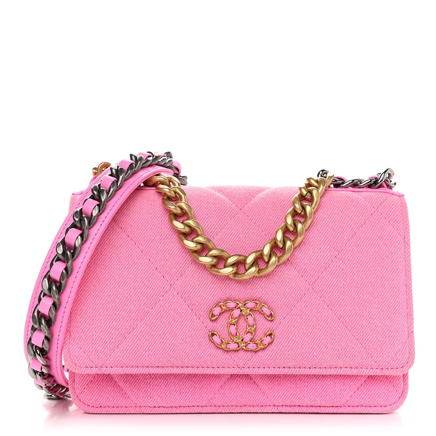 Denim Quilted Chanel 19 Wallet On Chain WOC Neon Pink