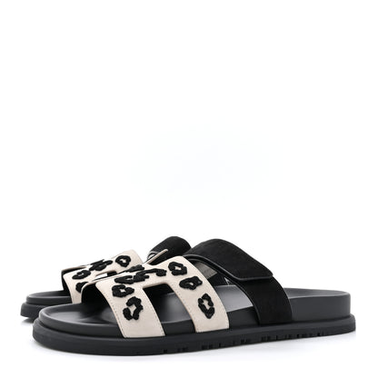 Hermes Suede Goatskin Womens Leopard Chypre Sandals 40 Beige Esquisse Black 3 of 9