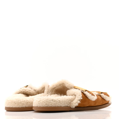Fendi Suede Shearling Fendi Feel Buckled Slide Sandals 40 Beige Latte 5 of 10