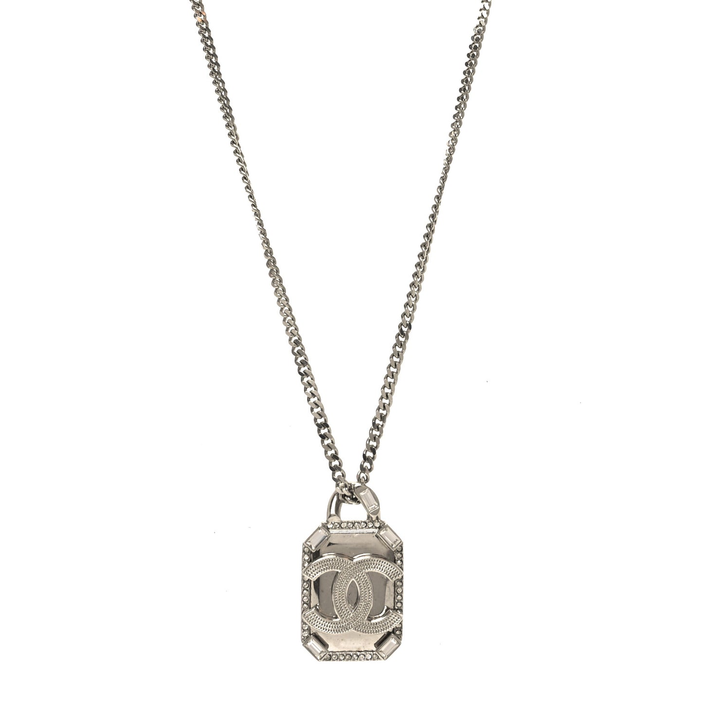 Crystal Baguette CC Mirror Pendant Necklace Silver