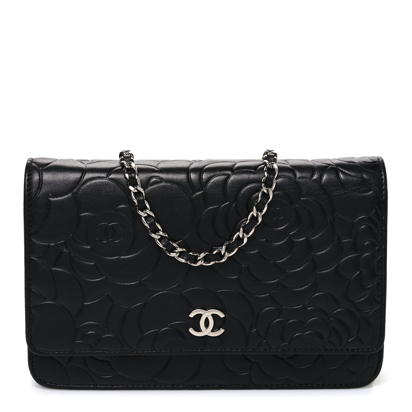 Lambskin Camellia Embossed Wallet On Chain WOC Black