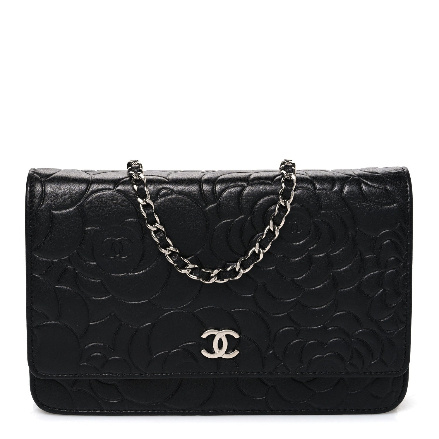 Chanel Lambskin Camellia Embossed Wallet On Chain WOC Black 1 of 12