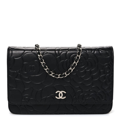 Chanel Lambskin Camellia Embossed Wallet On Chain WOC Black 1 of 12