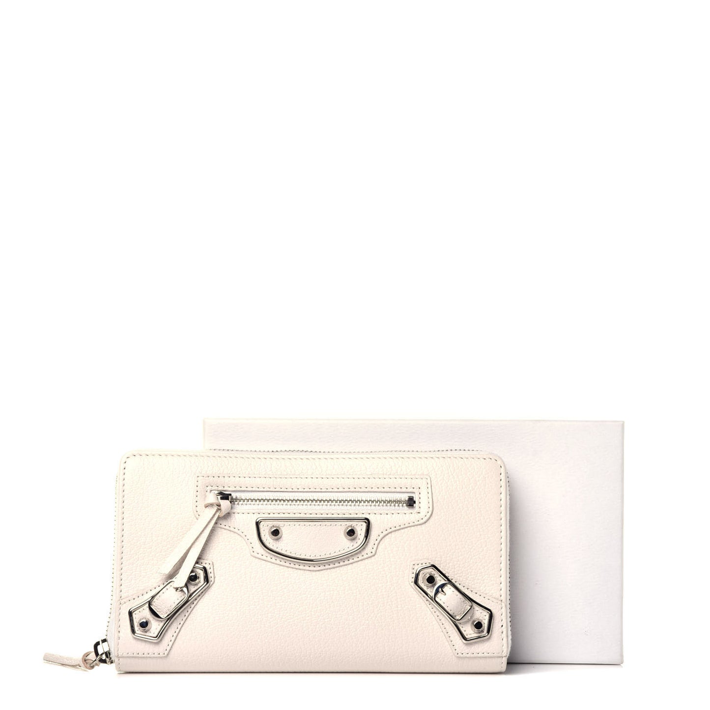 Chevre Silver Metallic Edge Hardware Zip Around Wallet Blanc Neige
