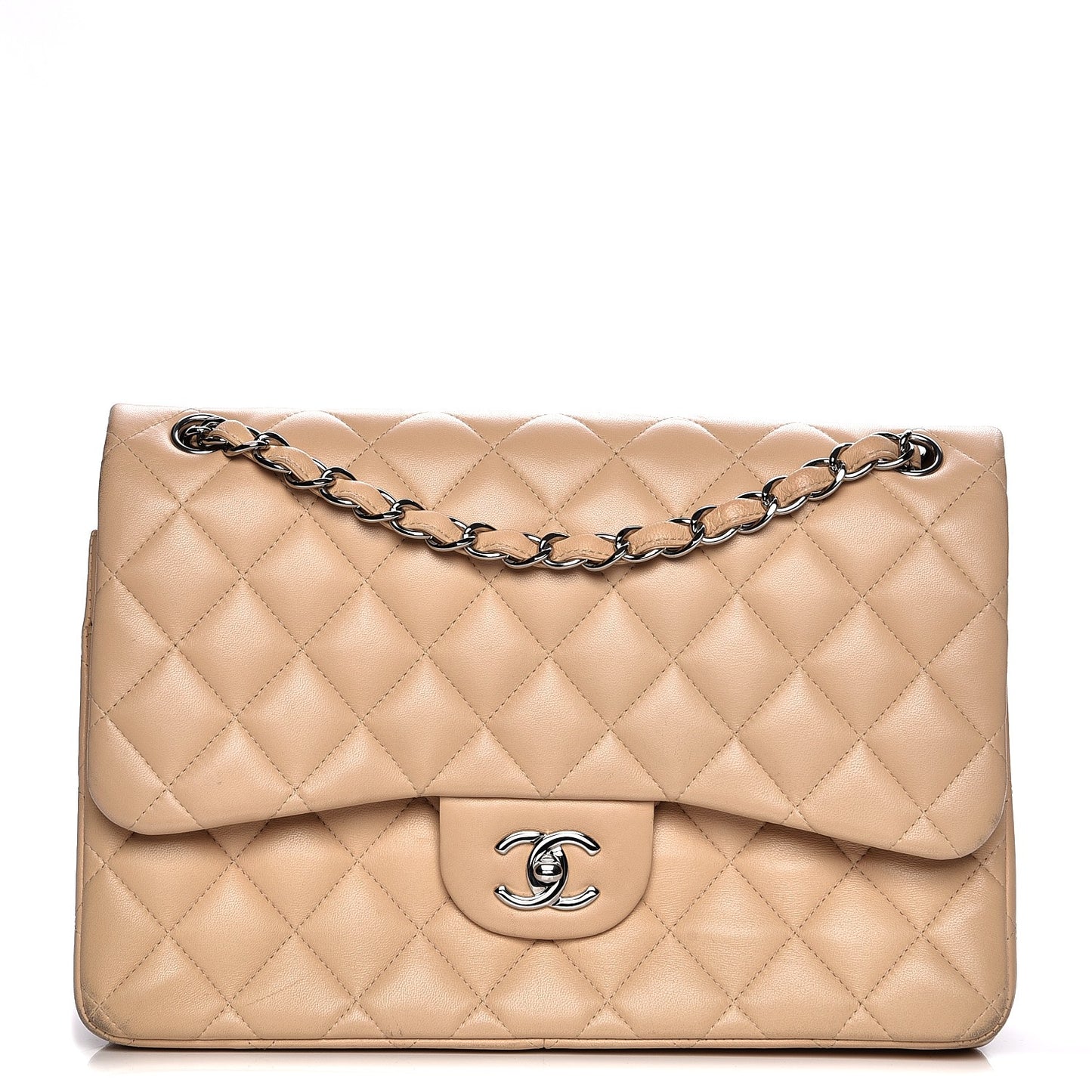 Lambskin Quilted Jumbo Double Flap Beige
