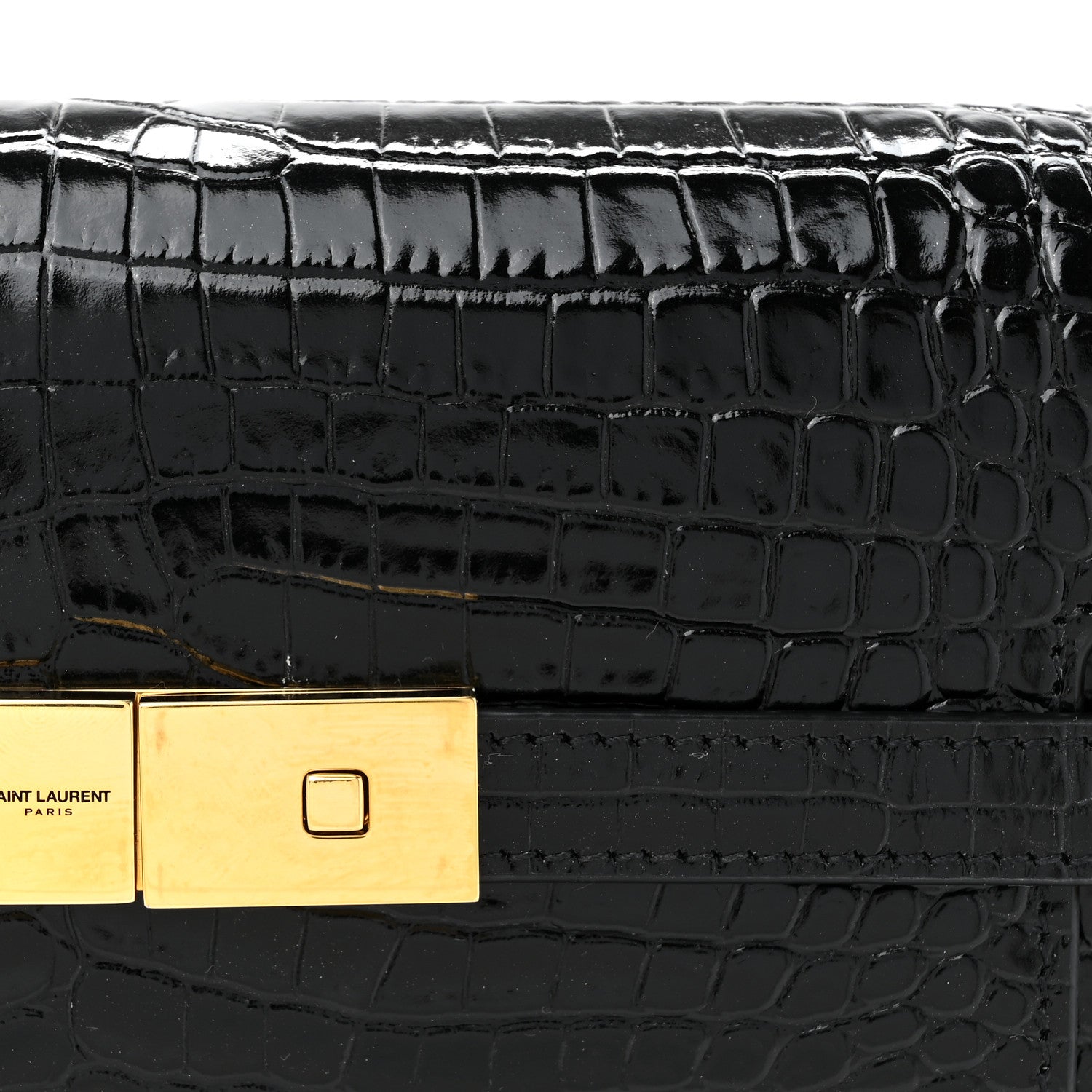 Saint Laurent Shiny Calfskin Crocodile Embossed Manhattan Baguette Black 8 of 11