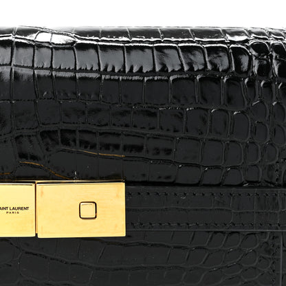 Saint Laurent Shiny Calfskin Crocodile Embossed Manhattan Baguette Black 8 of 11