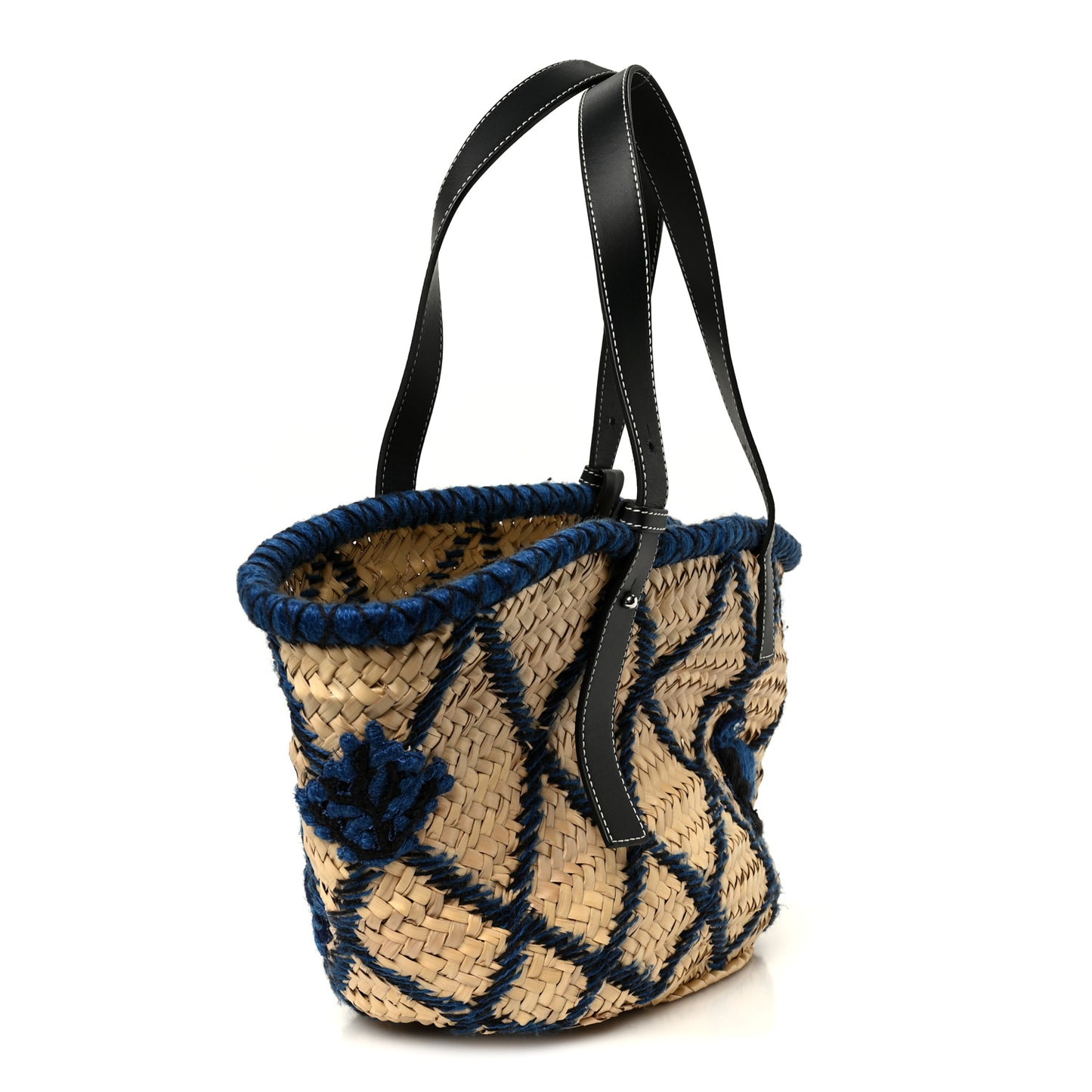 Embroidered Raffia Basket Tote Bag Natural Black Blue