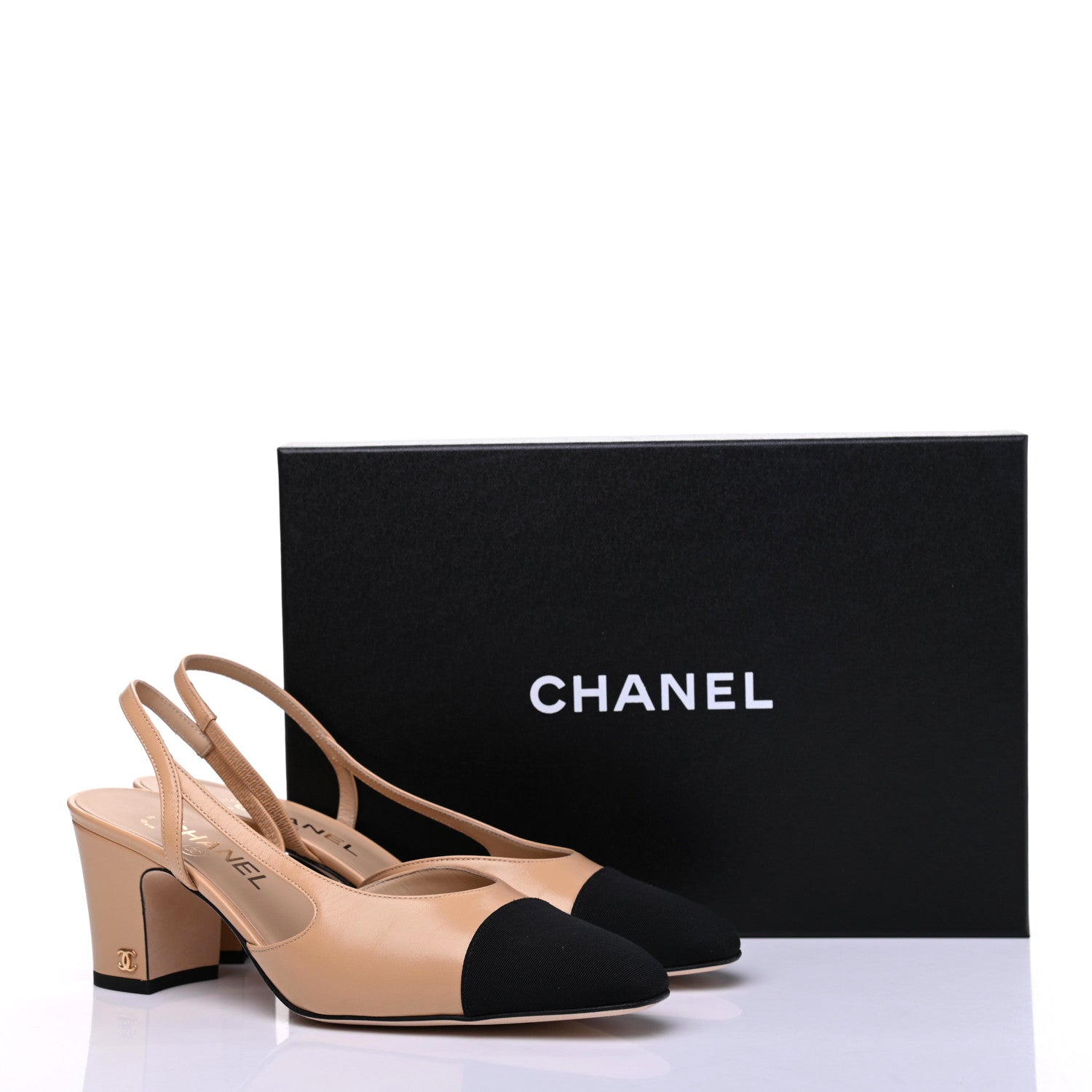 Chanel Goatskin Grosgrain Cap Toe CC Slingback Pumps 39.5 Beige Black 11 of 11