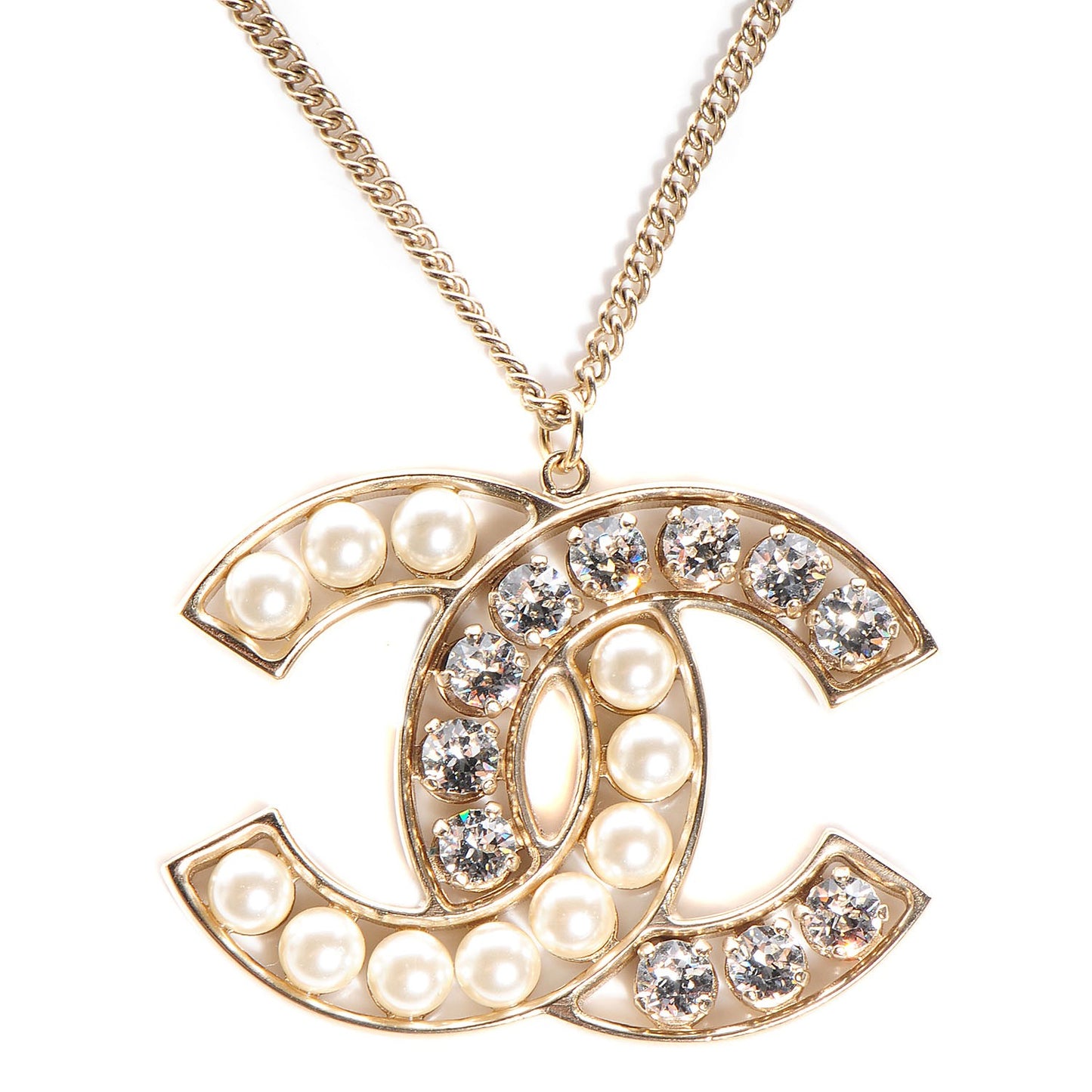 Crystal Pearl CC Pendant Necklace Gold