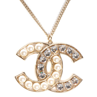 Chanel Crystal Pearl CC Pendant Necklace Gold 1 of 5