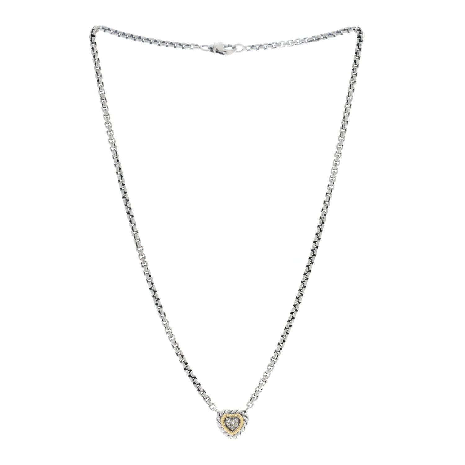 David Yurman Sterling Silver 18K Yellow Gold Diamond Pave Cable Heart Pendant Necklace 3 of 5