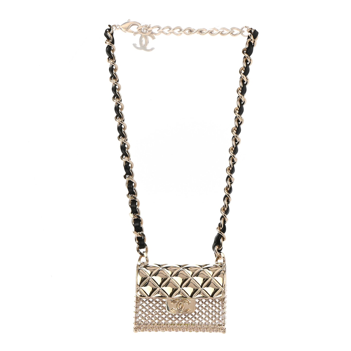 Metal Lambskin Chain Micro Bag Necklace Gold Black