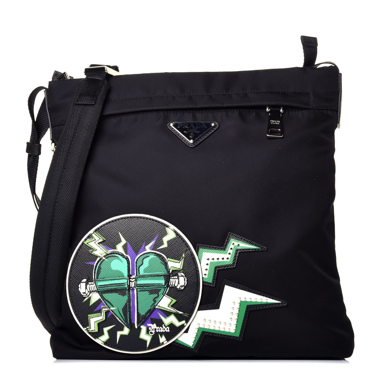 Prada X UNIVERSAL STUDIOS Tessuto Nylon Montagna Frankenstein Heart Small Crossbody Bag Black Smeraldo 1 of 8