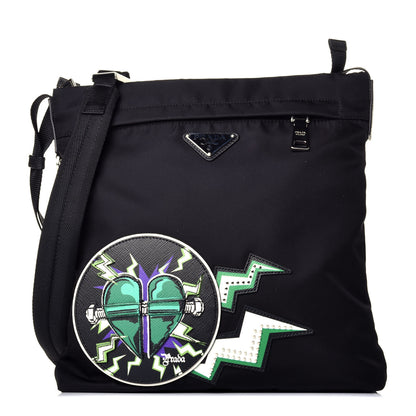 Prada X UNIVERSAL STUDIOS Tessuto Nylon Montagna Frankenstein Heart Small Crossbody Bag Black Smeraldo 1 of 8