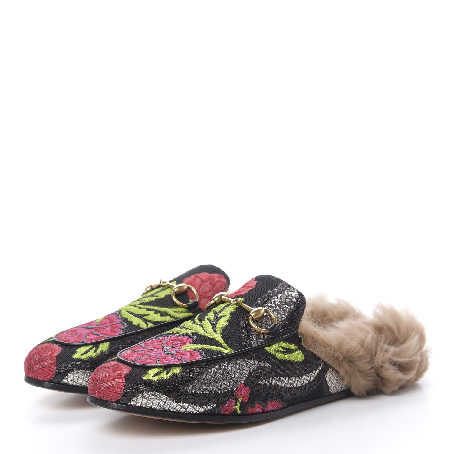 Gucci Brocade Fur Floral Womens Princetown Slippers 36 Black Anthracite 3 of 10