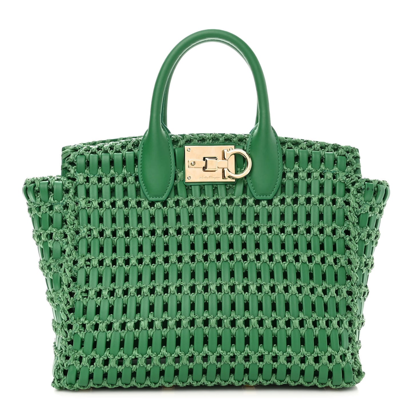 Raffia Calfskin The Studio Box Tote Smeraldo