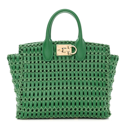 Salvatore Ferragamo Raffia Calfskin The Studio Box Tote Smeraldo 1 of 9