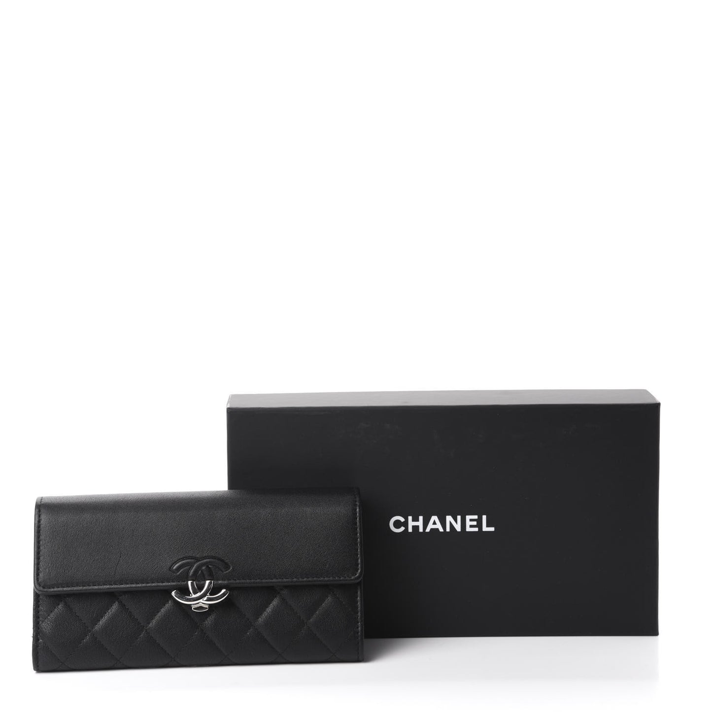 Goatskin Quilted CC Box Flap Wallet Black