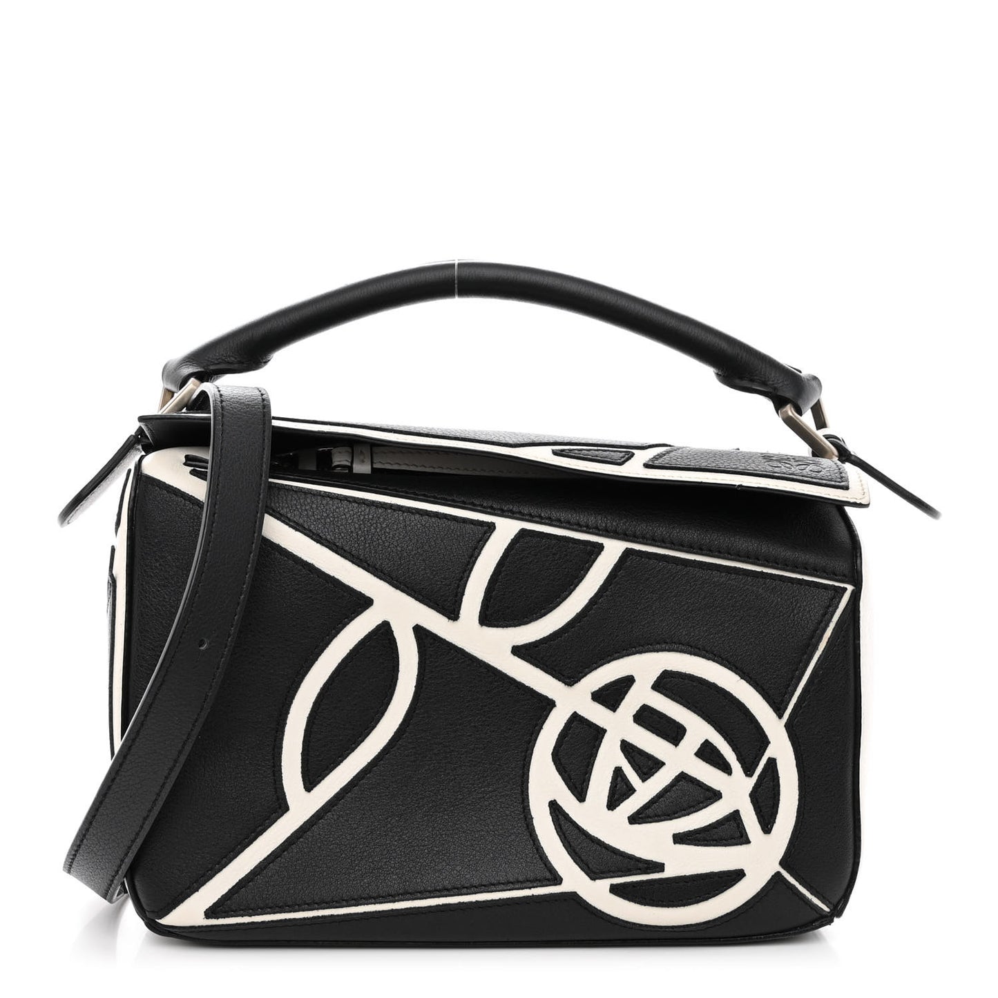 Calfskin Small Roses Puzzle Bag Black White