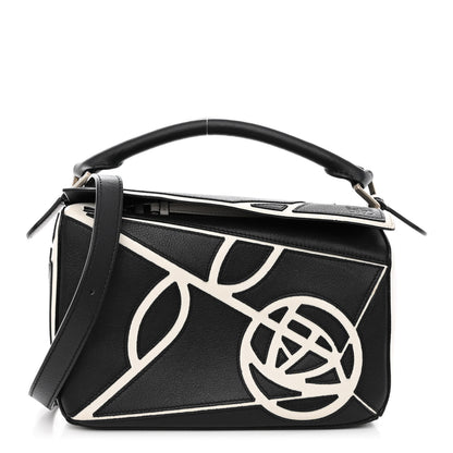 Loewe Calfskin Small Roses Puzzle Bag Black White 1 of 9