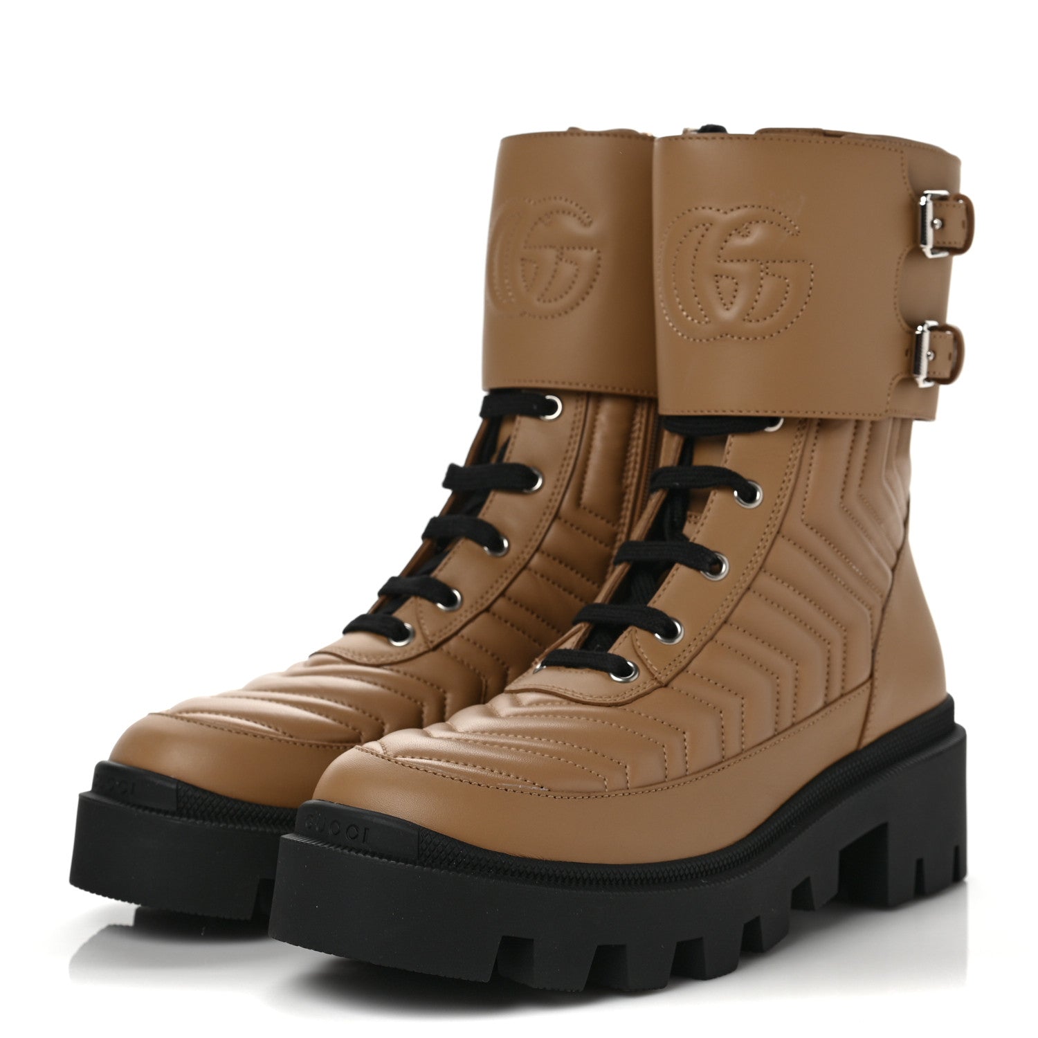 Gucci Nappa Frances GG Matelasse Platform Combat Boots 38.5 Natural Tan 3 of 8