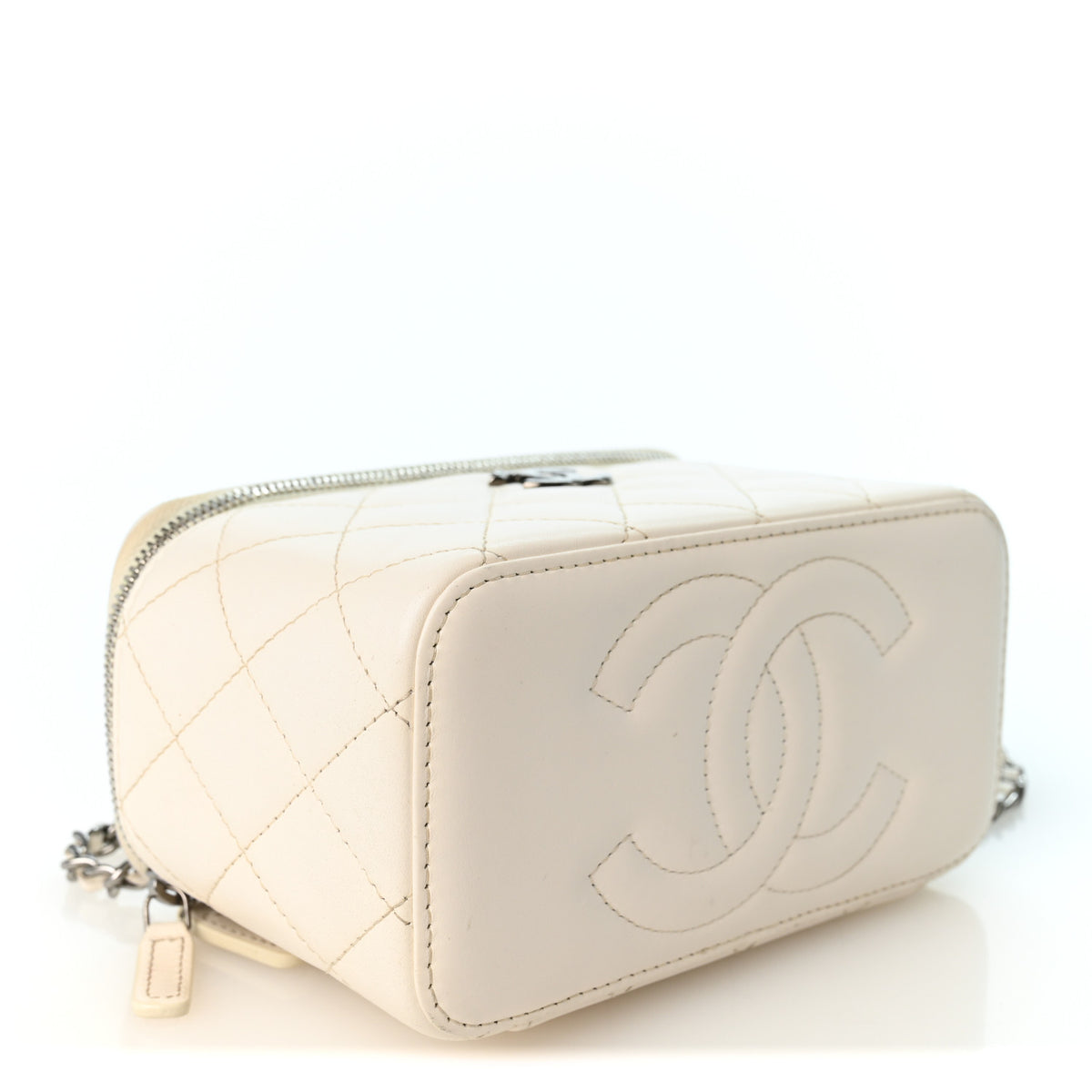 Lambskin Quilted Crystal Links Top Handle Vanity Case With Chain White
