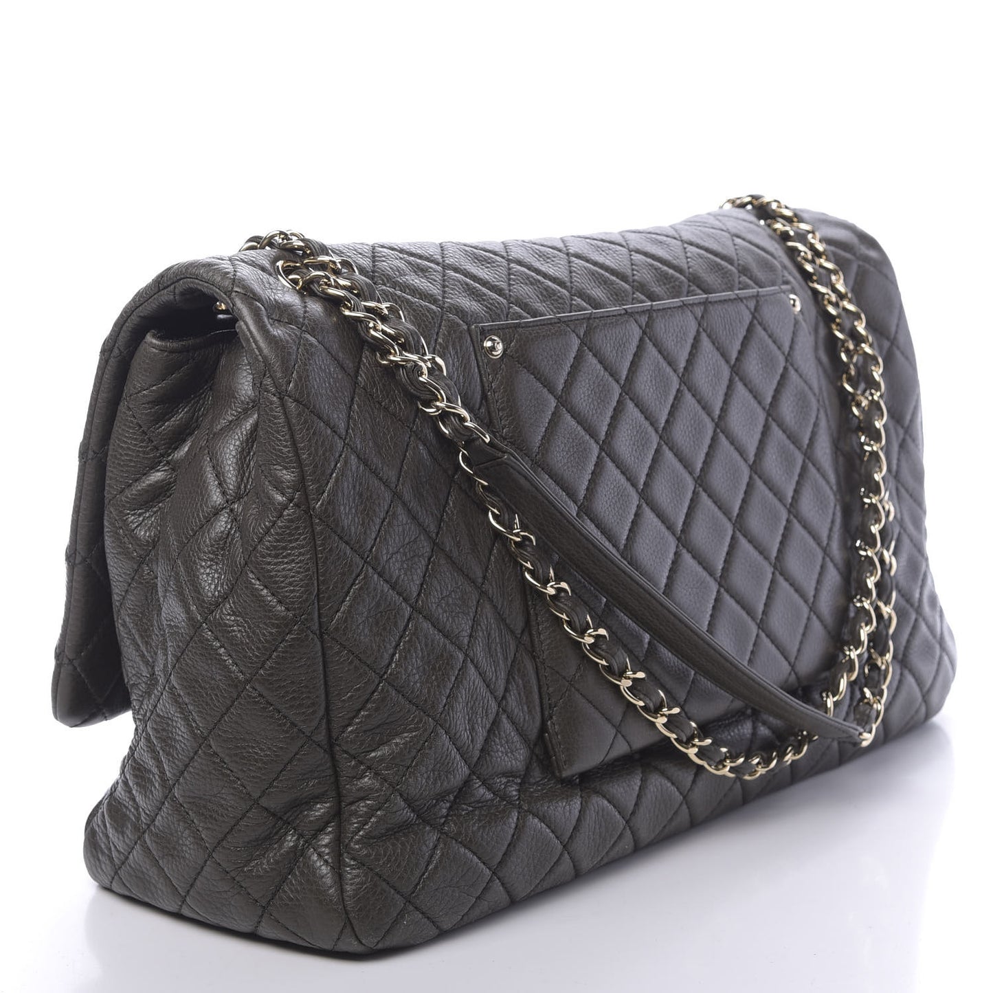 Metallized Calfskin Quilted XXL Travel Flap Bag Khaki