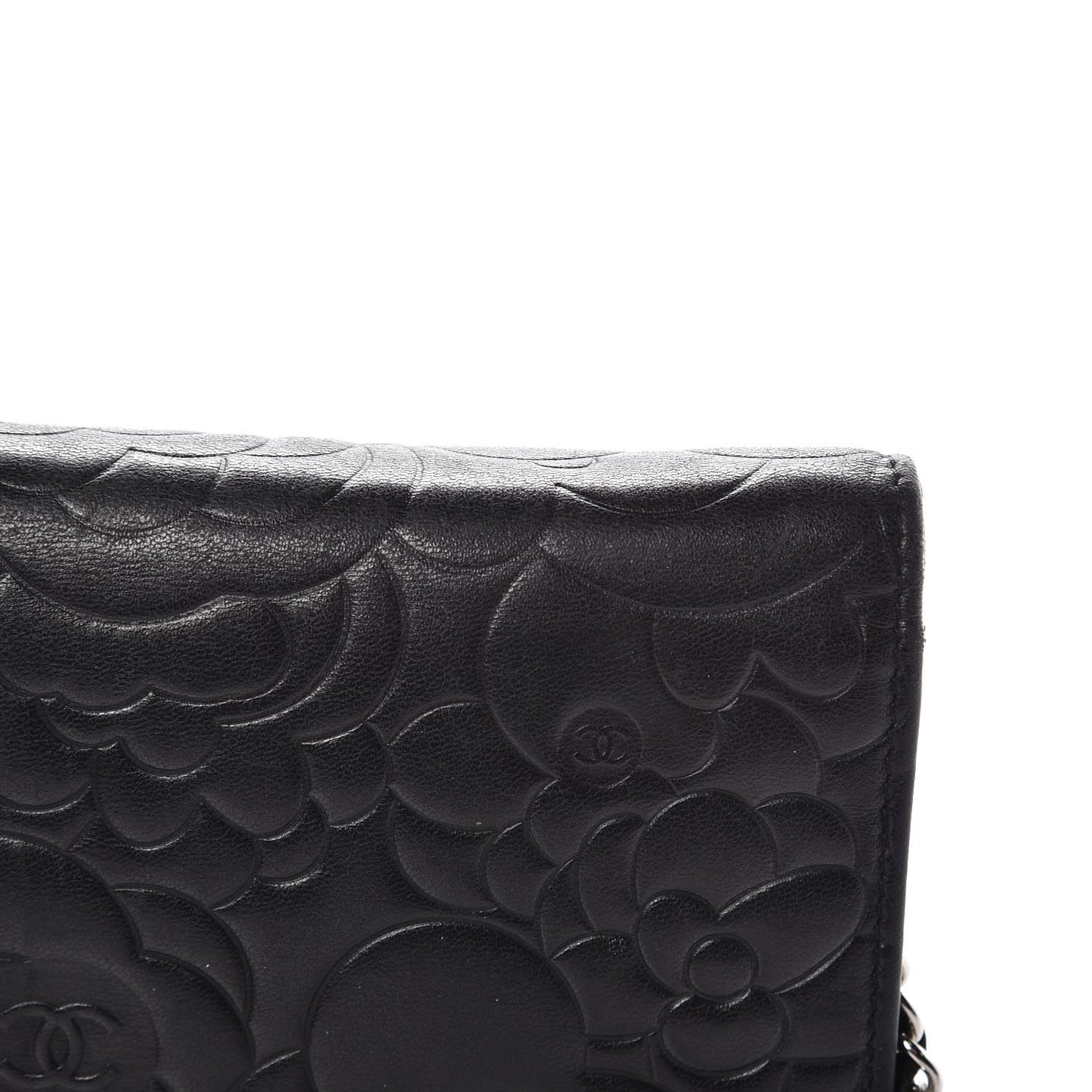 Lambskin Camellia Embossed Wallet on Chain WOC Black