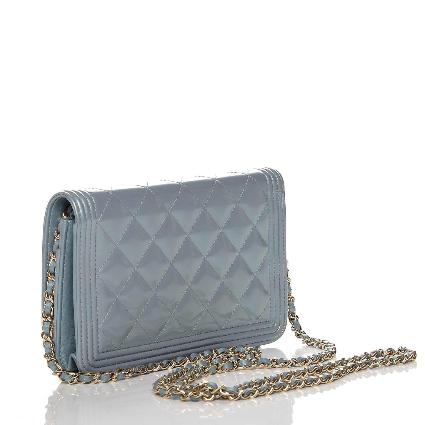 Patent Calfskin Quilted Boy Wallet On Chain WOC Light Blue