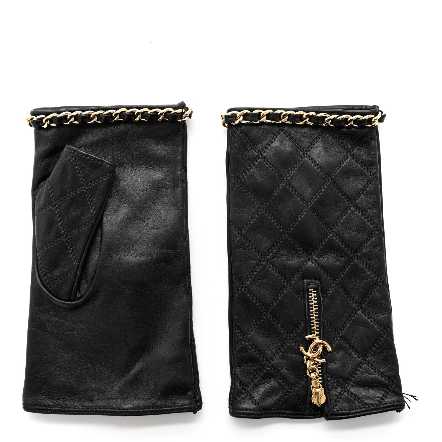 Chanel Lambskin Fingerless Chain CC Gloves 8 Black 2 of 5