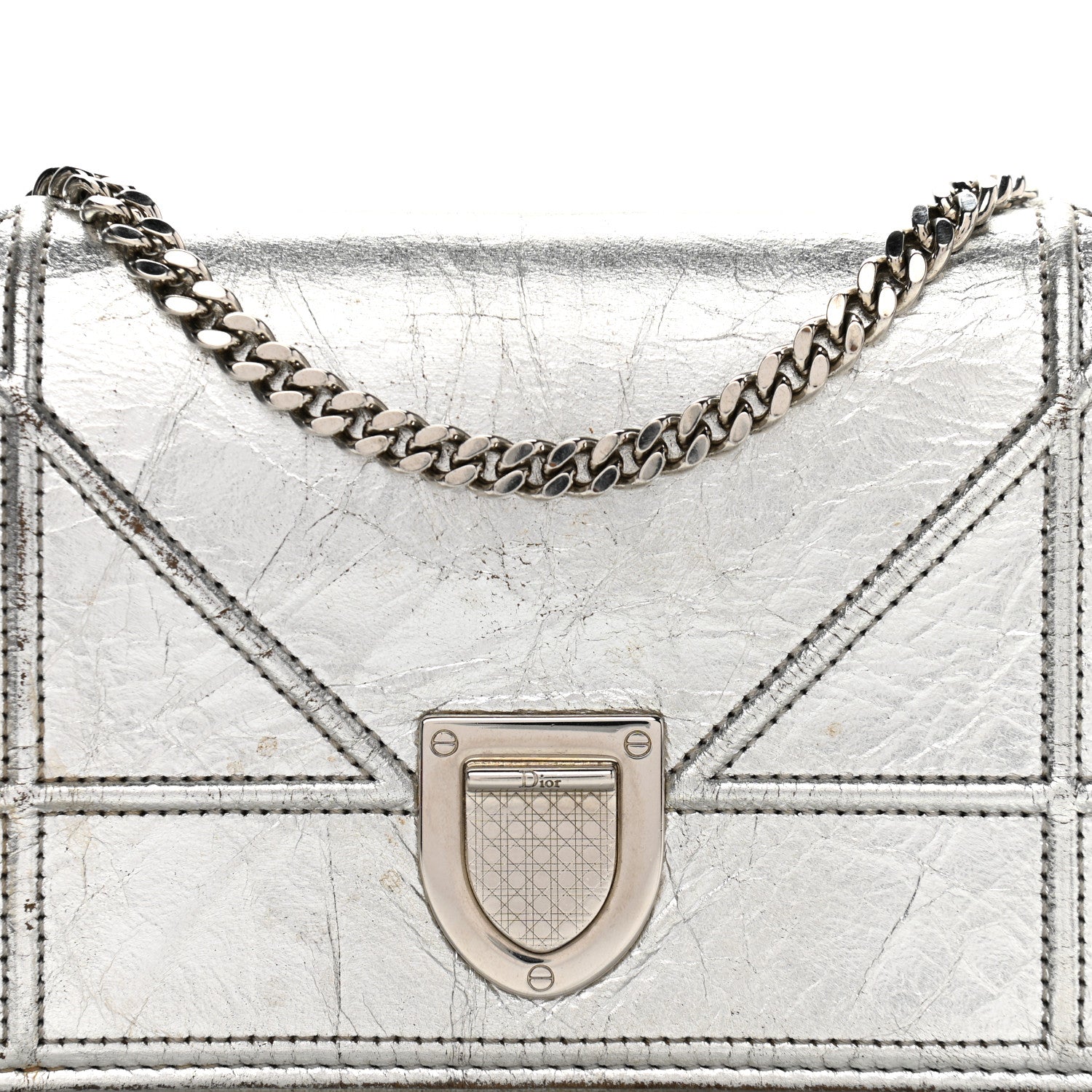 Christian Dior Metallic Crinkled Lambskin Diorama Croisiere Chain Wallet Silver 8 of 13