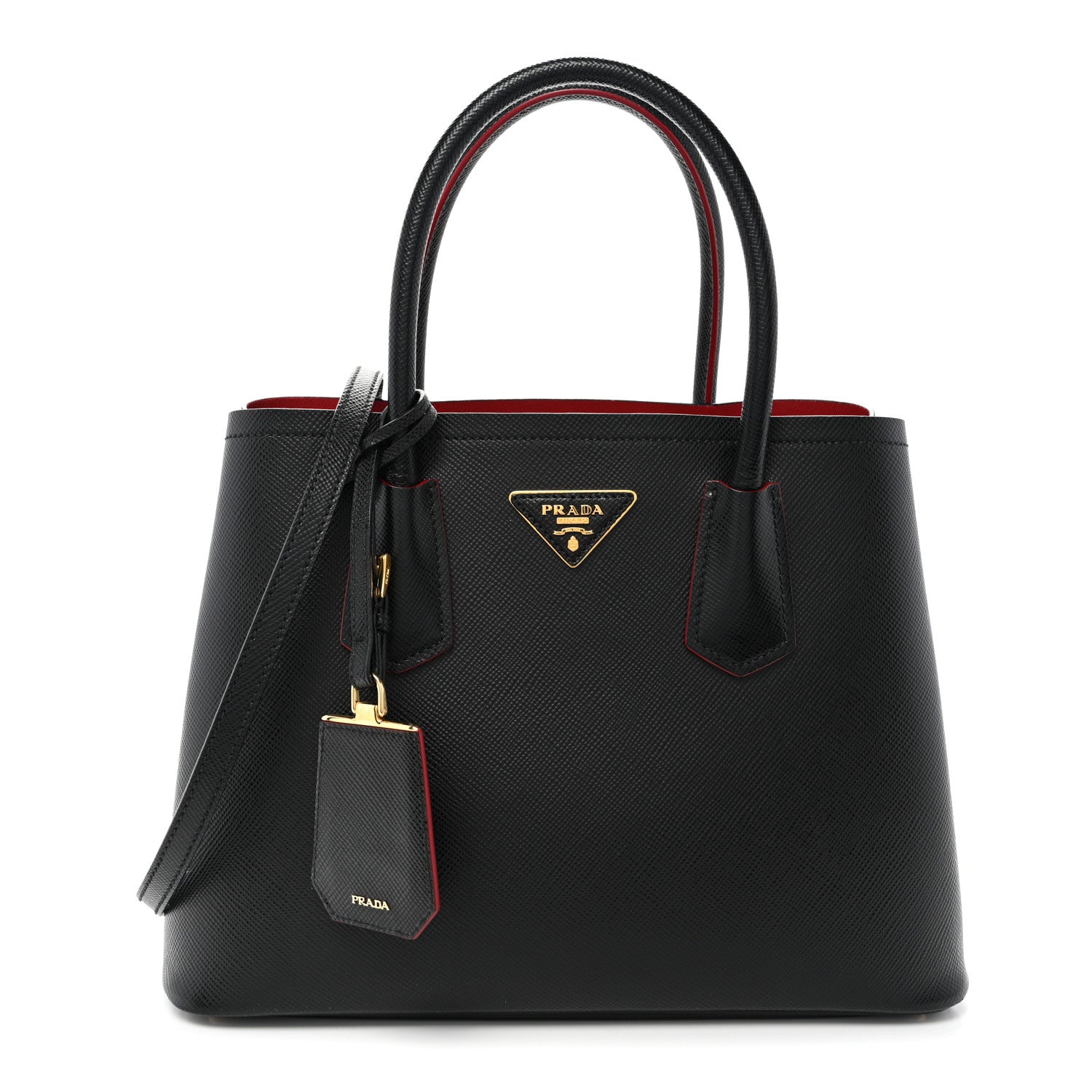 Prada Saffiano Cuir Small Double Bag Black Fuoco 1 of 10