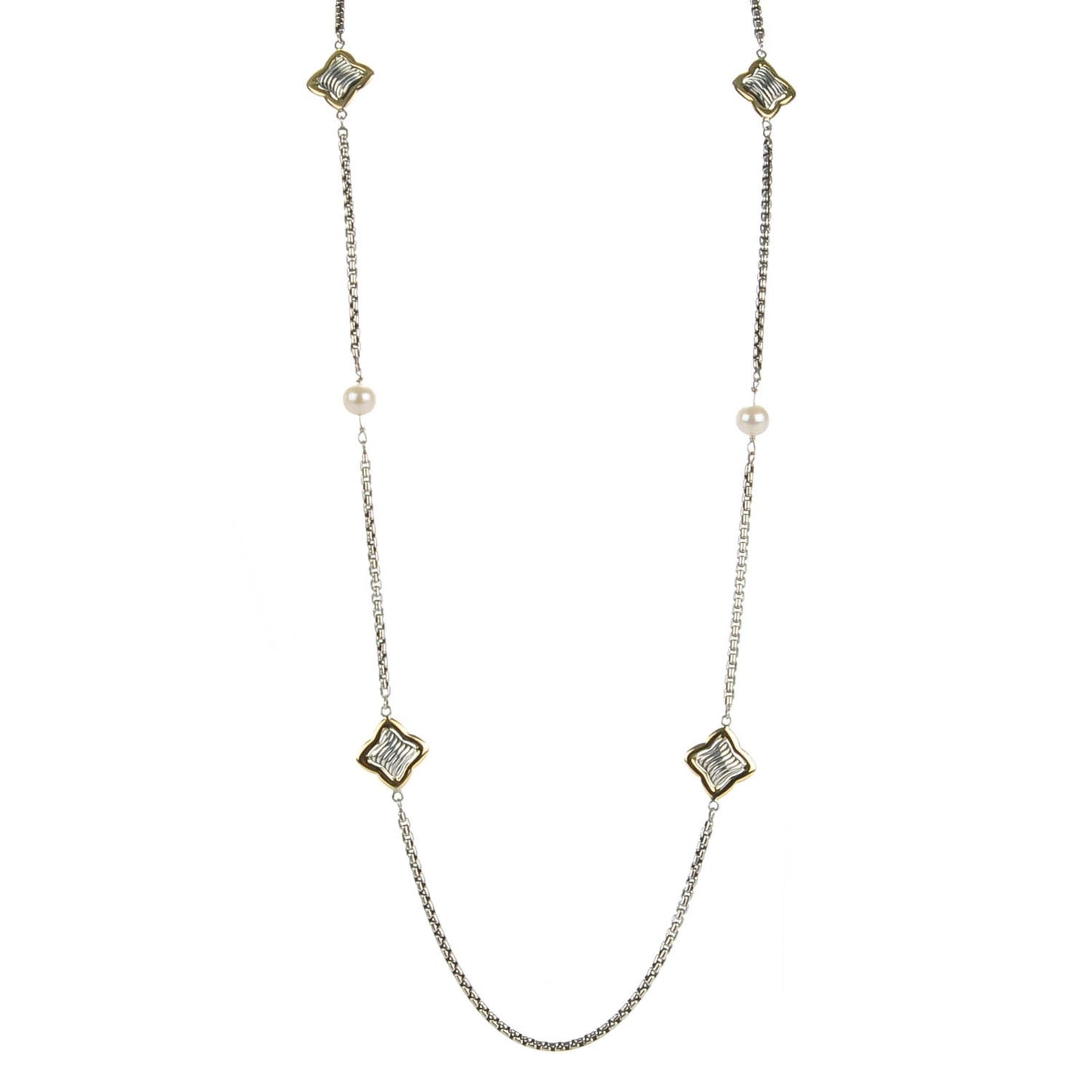 Sterling Silver 18K Yellow Gold Pearl Long Quatrefoil Station Necklace