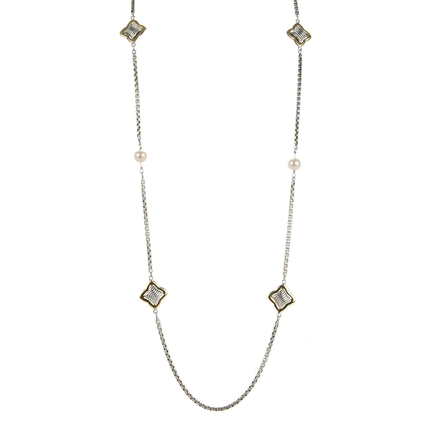 David Yurman Sterling Silver 18K Yellow Gold Pearl Long Quatrefoil Station Necklace 1 of 5