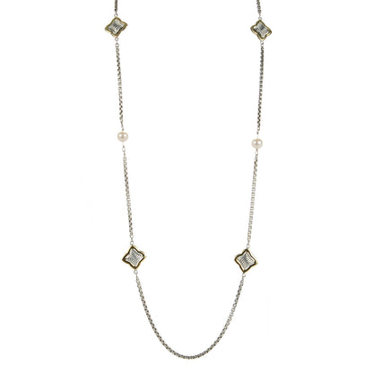 David Yurman Sterling Silver 18K Yellow Gold Pearl Long Quatrefoil Station Necklace 1 of 5
