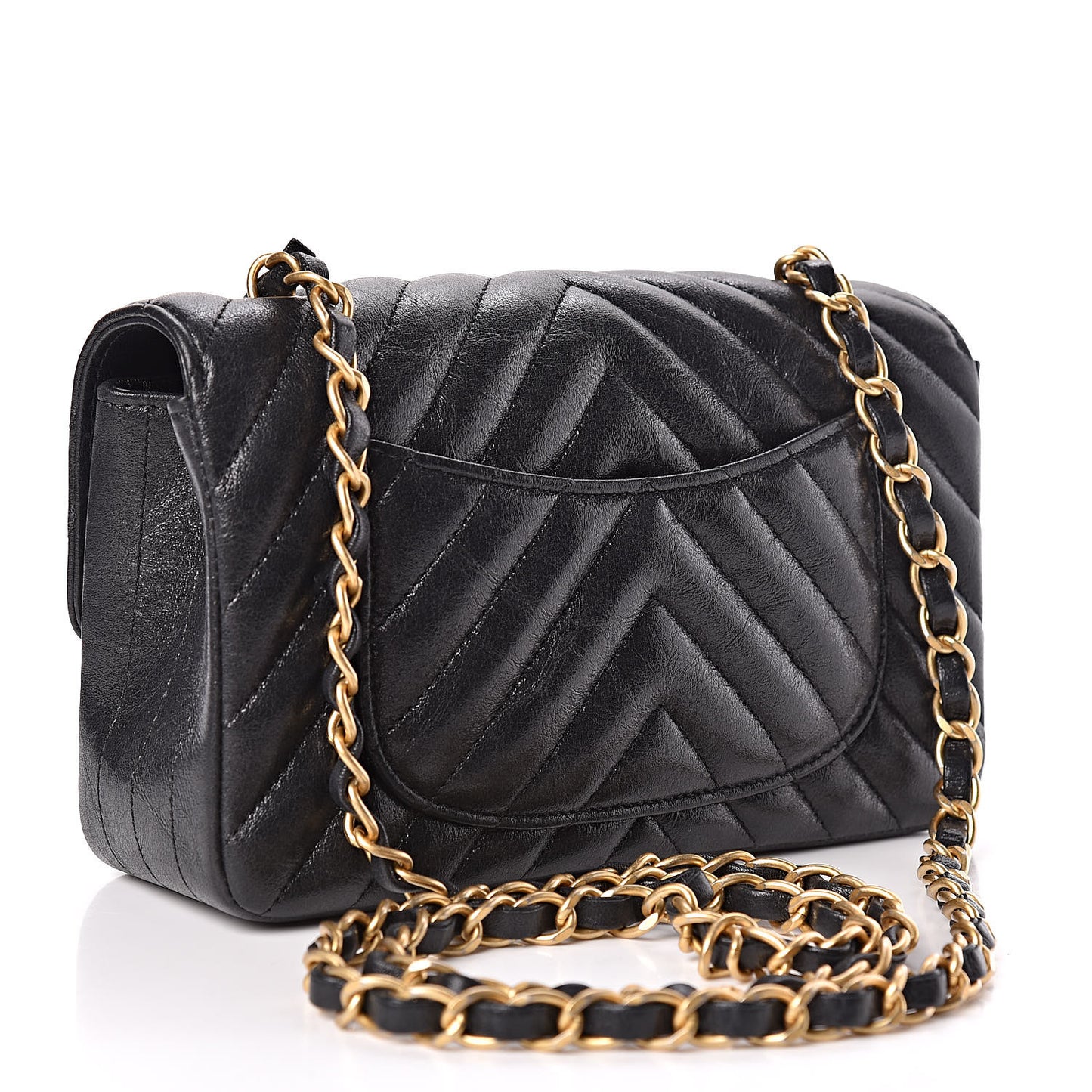 Iridescent Calfskin Chevron Quilted Mini Rectangular Flap Black