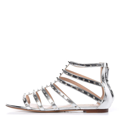 Valentino Garavani Metallic Nappa Lovestud Caged Flat Sandals 39 Silver 1 of 8