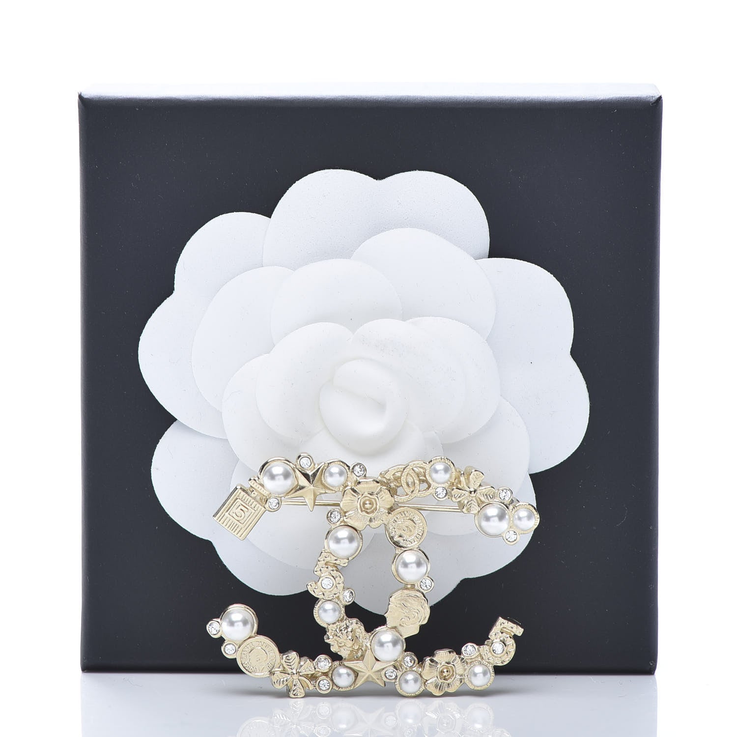 Chanel Crystal Pearl CC Charms Brooch Gold 4 of 4