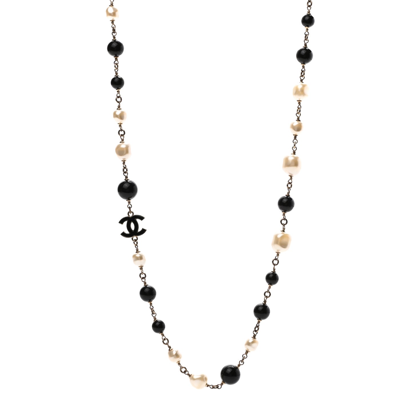 Pearl Bead Enamel CC Long Necklace Black Light Gold