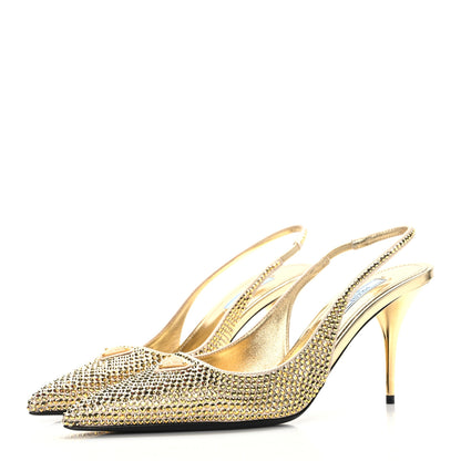 Prada Satin Crystal Triangle Logo 85mm Slingback Pumps 38.5 Platino 3 of 7