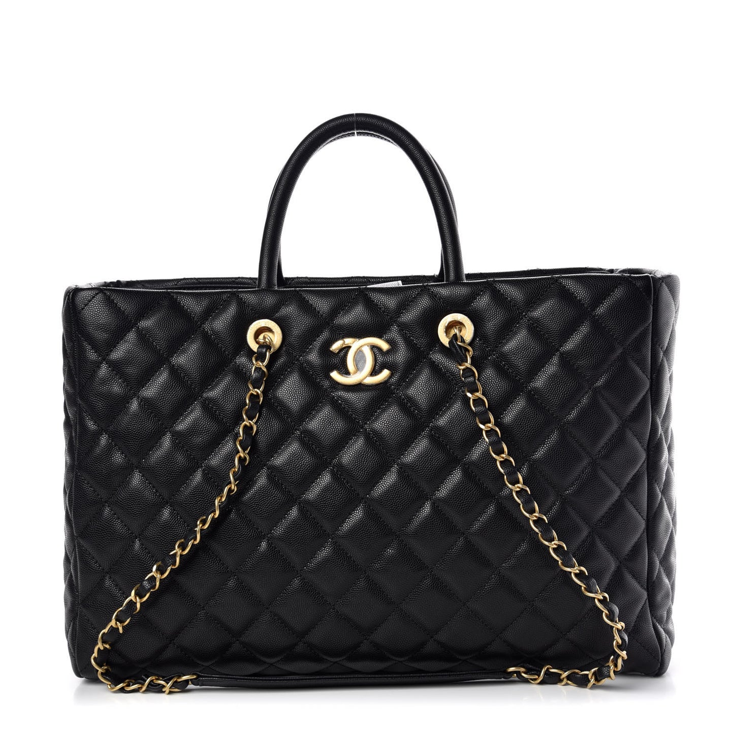 Caviar Quilted Large Coco Handle Shopping Tote Black