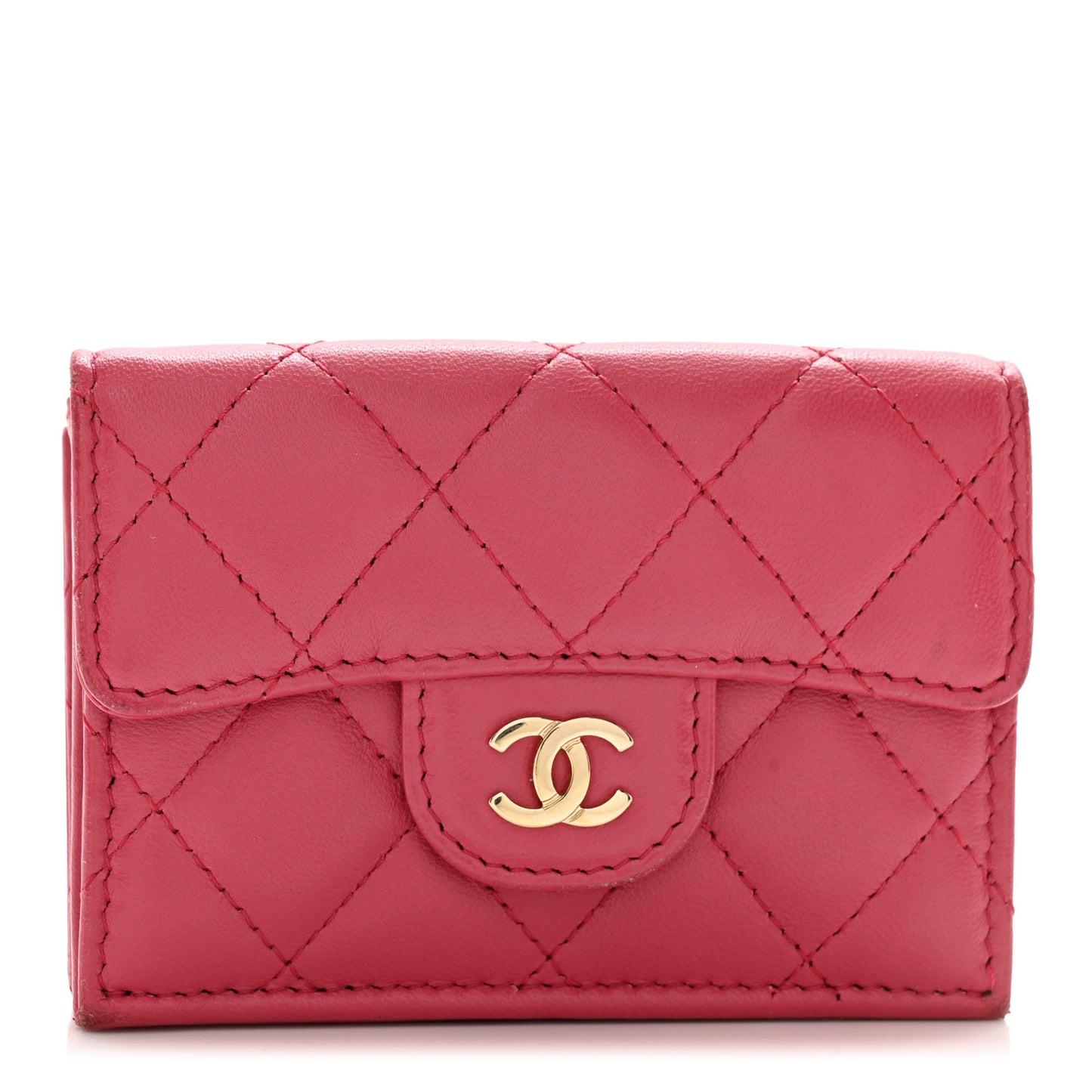 Lambskin Quilted Tri-Fold Flap Wallet Pink