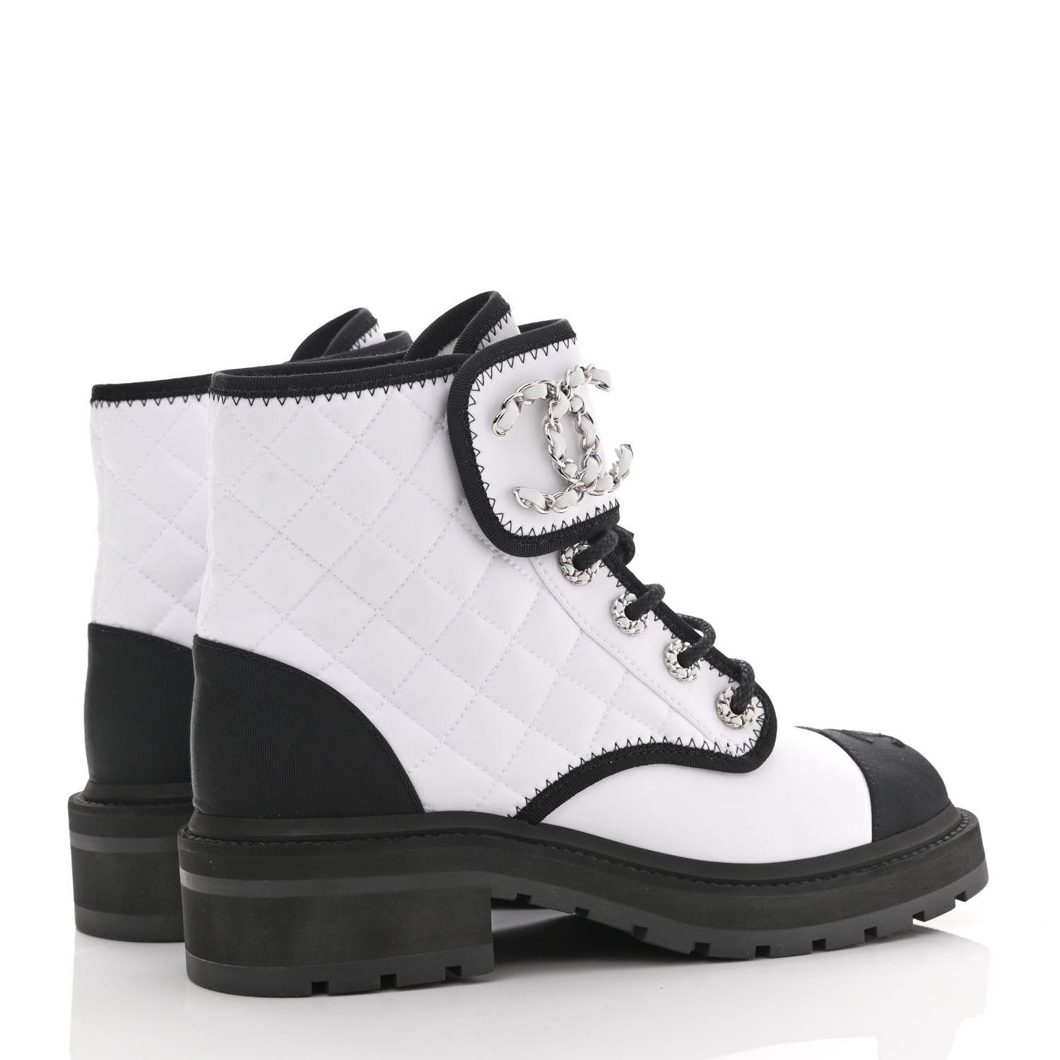 Chanel Fabric Grosgrain Quilted Cap Toe Lace Up Combat Boots 37 White Black 4 of 9
