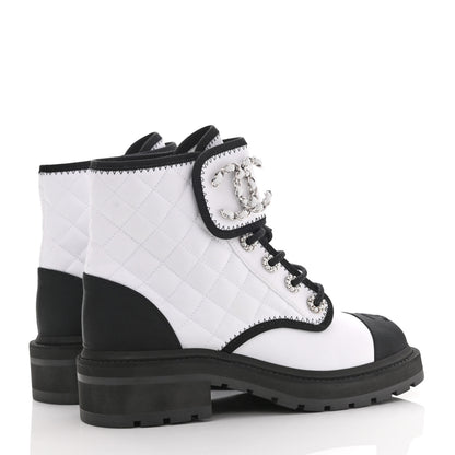 Chanel Fabric Grosgrain Quilted Cap Toe Lace Up Combat Boots 37 White Black 4 of 9