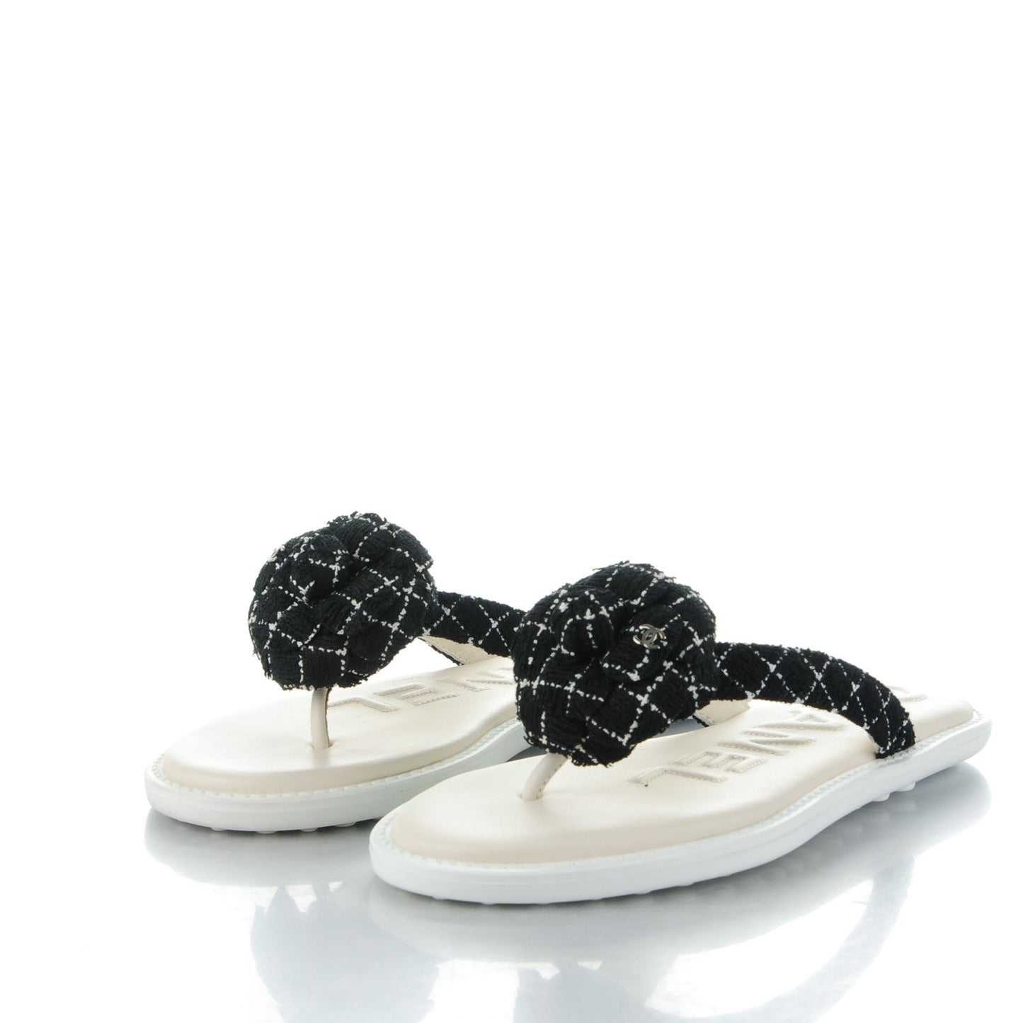 Tweed Quilted Camellia Thong Sandals 35 Black White