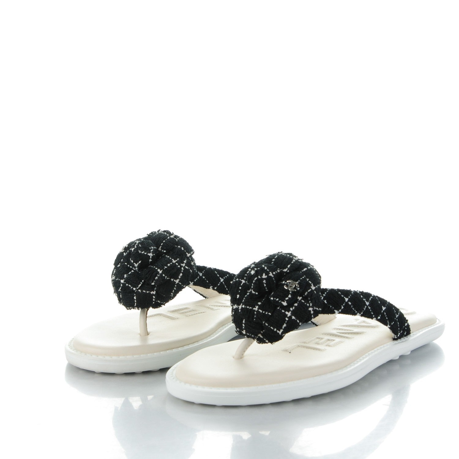 Chanel Tweed Quilted Camellia Thong Sandals 35 Black White 3 of 7